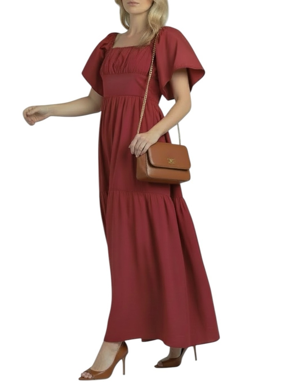 NWT BEYOND WORDS Short Puff Sleeve Smocked Tied Back Tiered Maxi Dress